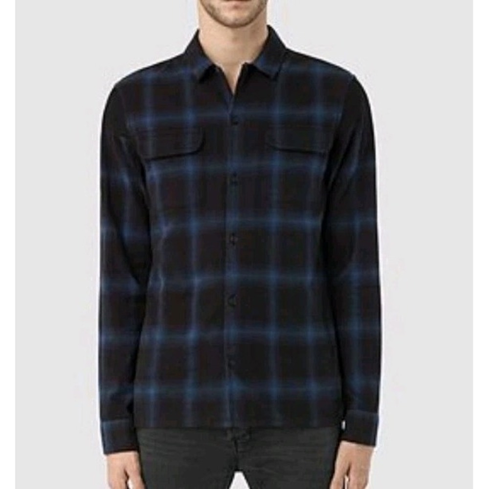 AllSaints Nanaimo Camp Collar Flannel Mens XS Blue Plaid Long Sleeve AS110972R